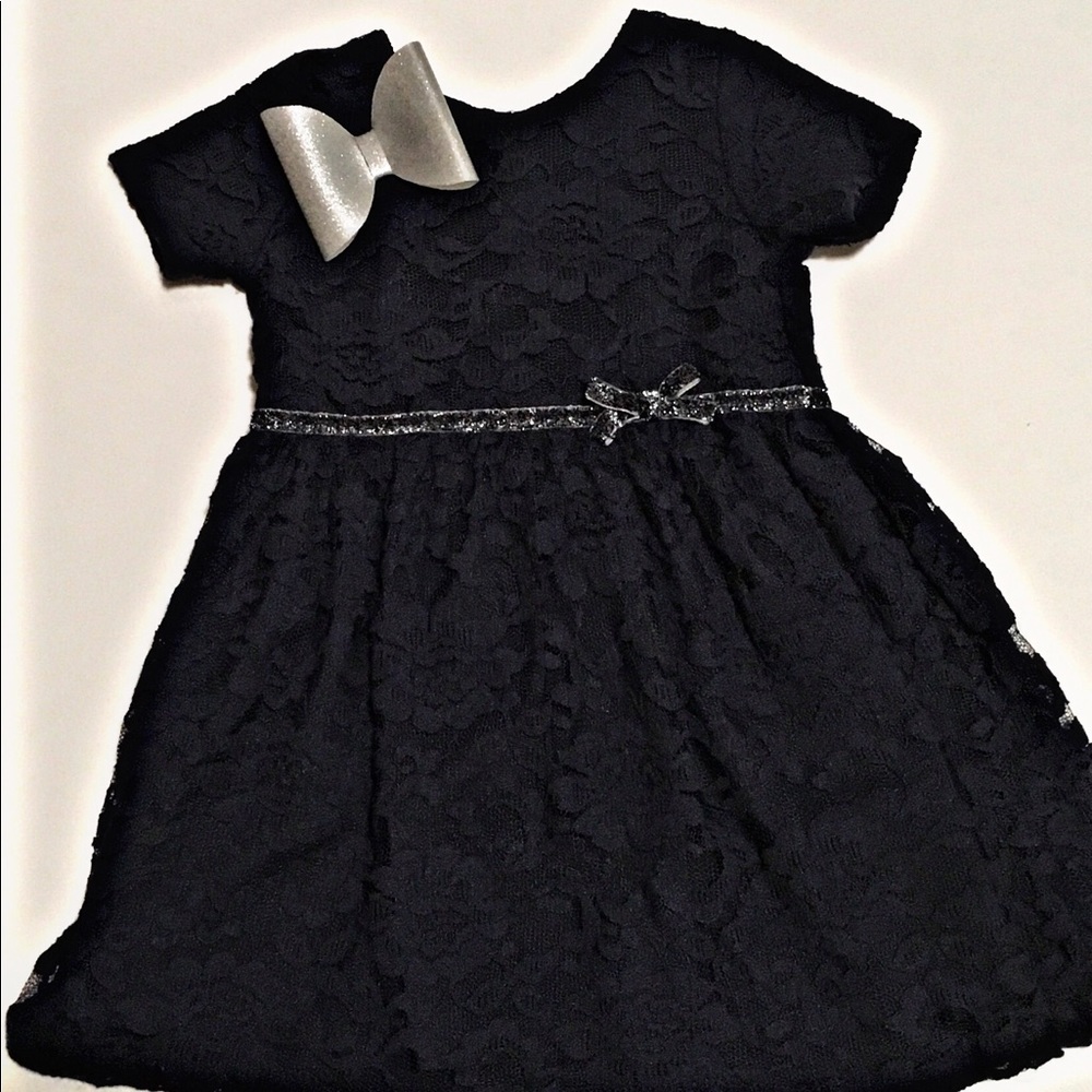 Bundle baby lace dress and faux leather silver bow